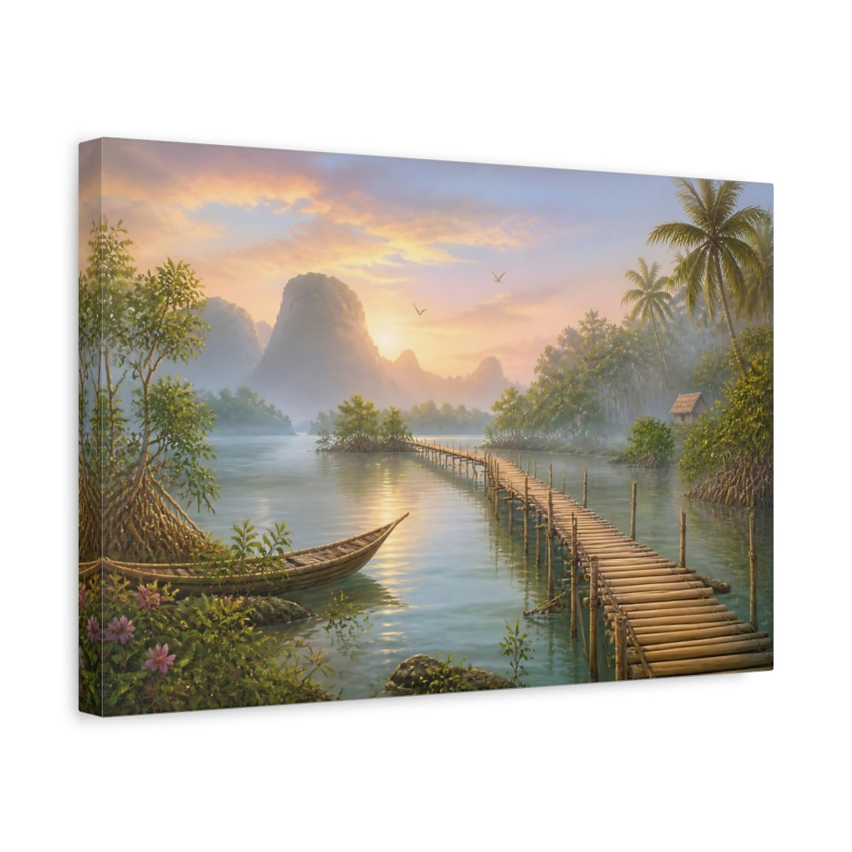 Side Mockup 4. Nature Tropical Lagoon Tropical Sunset shown as stretched canvas wall art