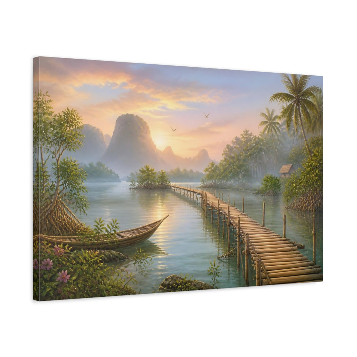 Side Mockup 2. Nature Tropical Lagoon Tropical Sunset shown as stretched canvas wall art