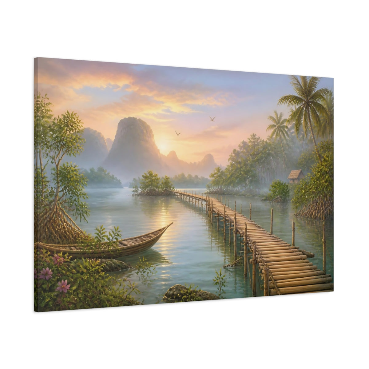 Side Mockup 1. Nature Tropical Lagoon Tropical Sunset shown as stretched canvas wall art