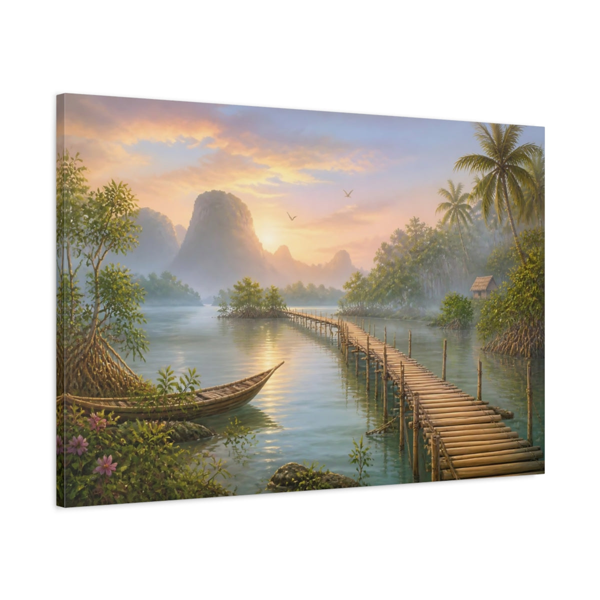 Main Mockup. Nature Tropical Lagoon Tropical Sunset shown as stretched canvas wall art