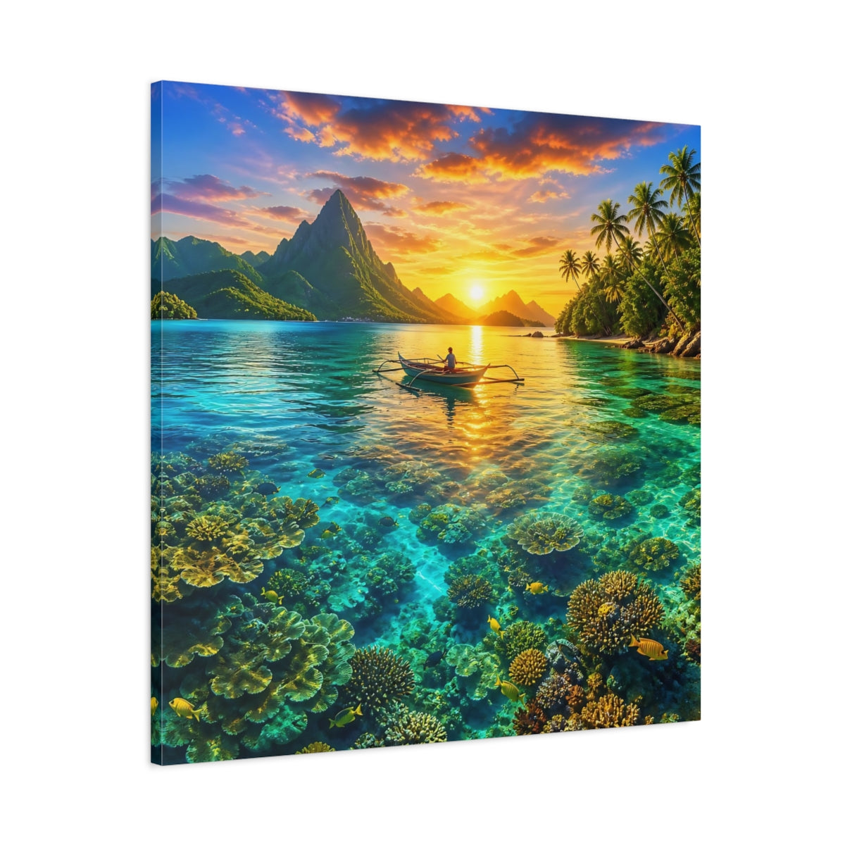 Main Mockup. Nature Tropical Lagoon Tropical Sunset Lagoon shown as stretched canvas wall art
