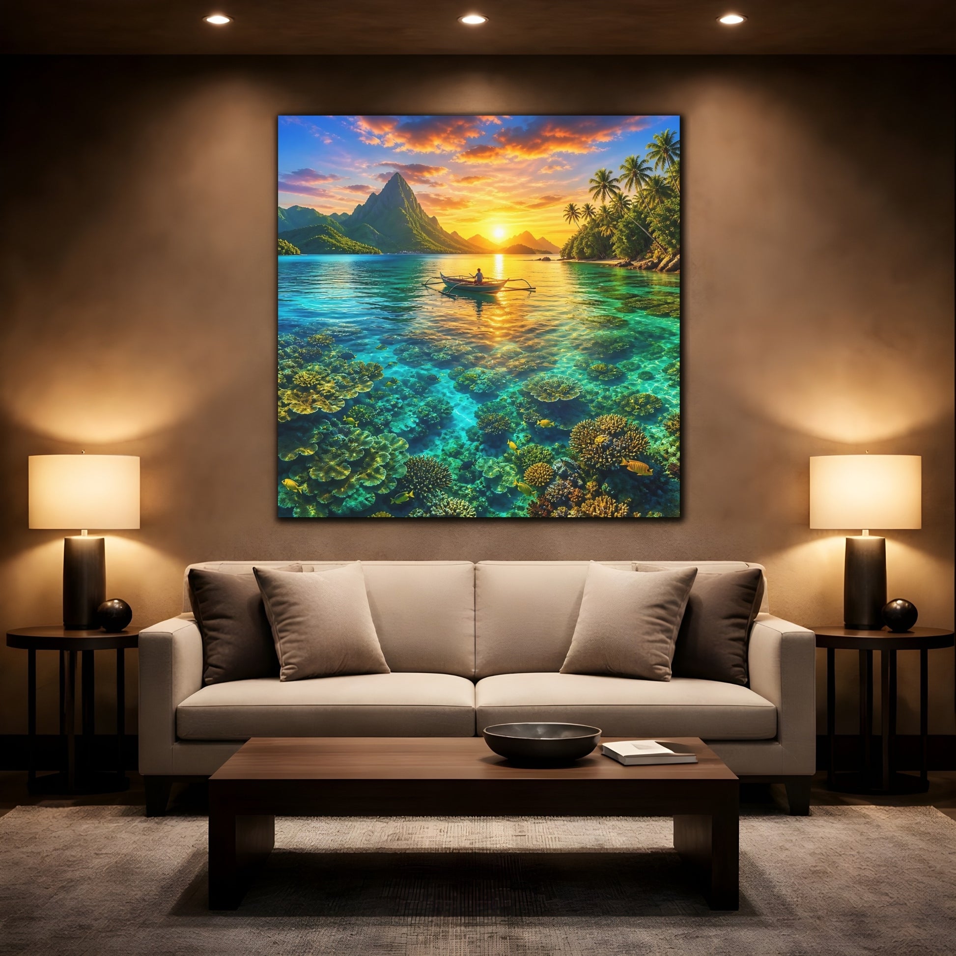 Mockup 2. Nature Tropical Lagoon Tropical Sunset Lagoon shown as stretched canvas wall art
