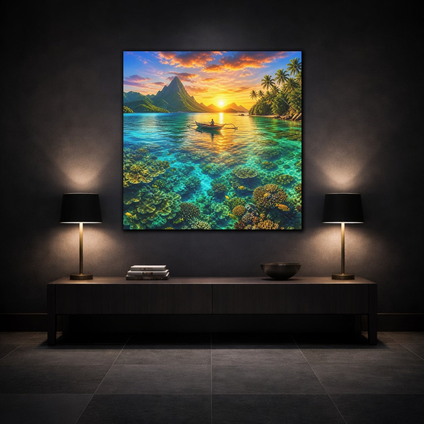 Mockup 3. Nature Tropical Lagoon Tropical Sunset Lagoon shown as stretched canvas wall art