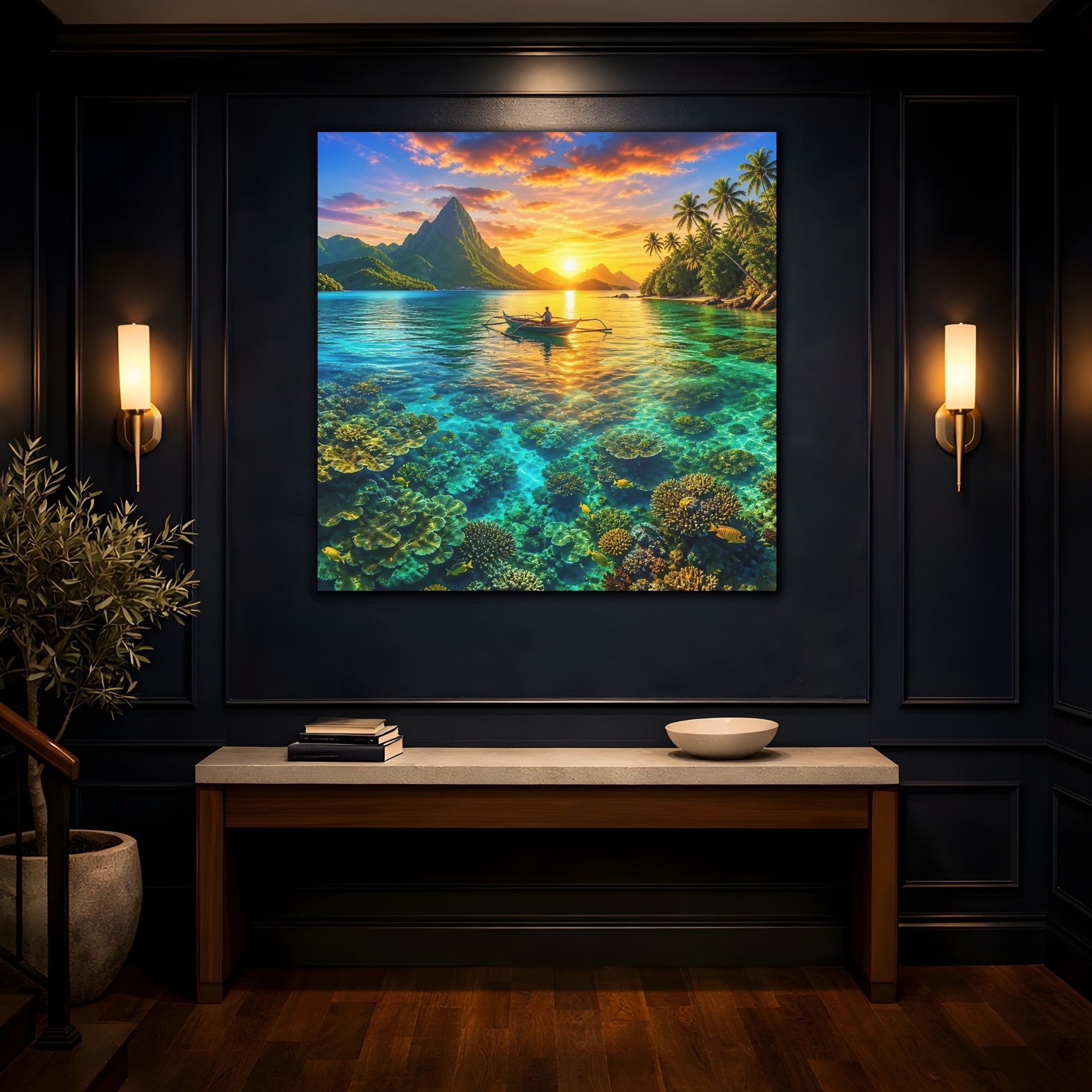 Mockup 4. Nature Tropical Lagoon Tropical Sunset Lagoon shown as stretched canvas wall art