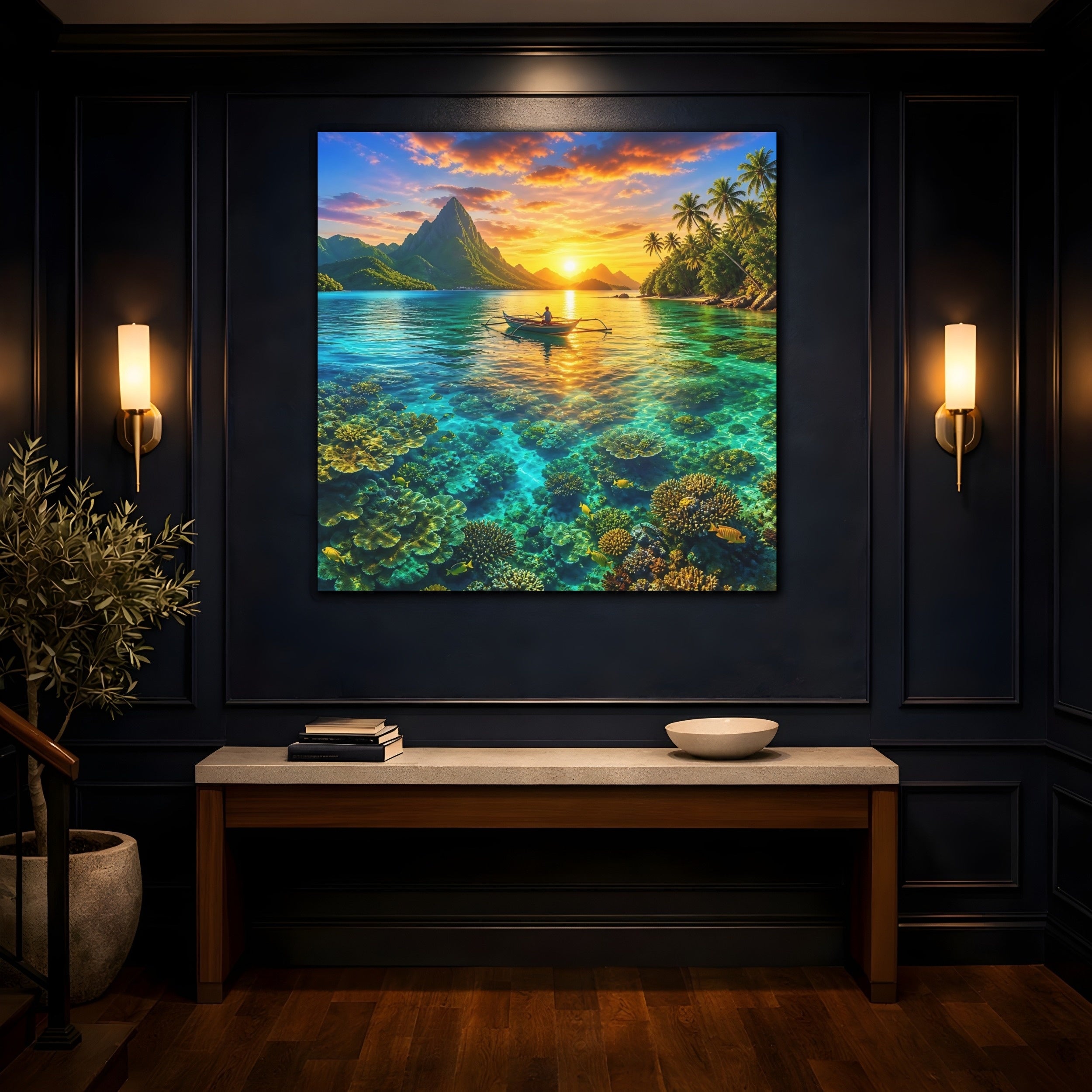Mockup 4. Nature Tropical Lagoon Tropical Sunset Lagoon shown as stretched canvas wall art