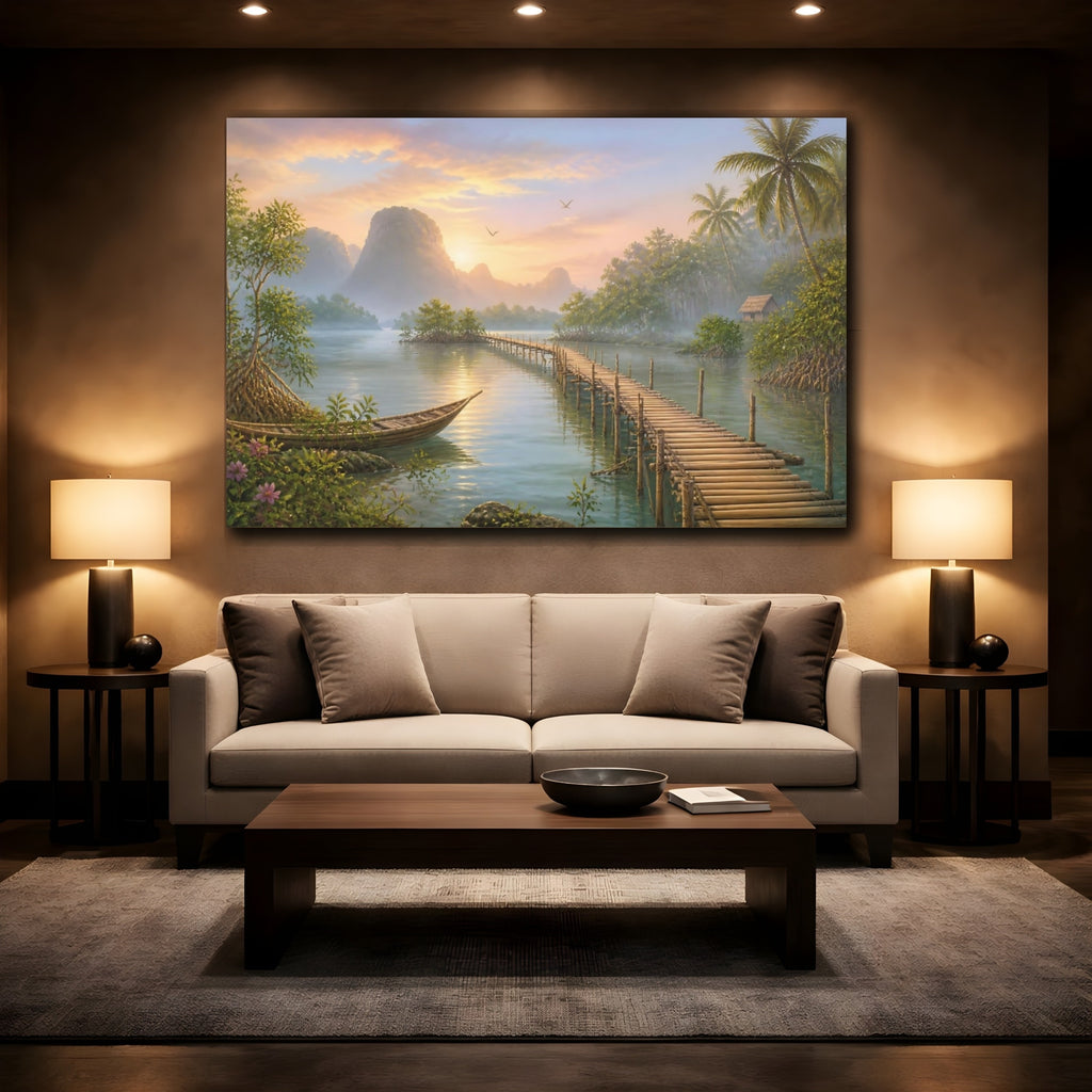 Mockup 2. Nature Tropical Lagoon Tropical Sunset shown as stretched canvas wall art