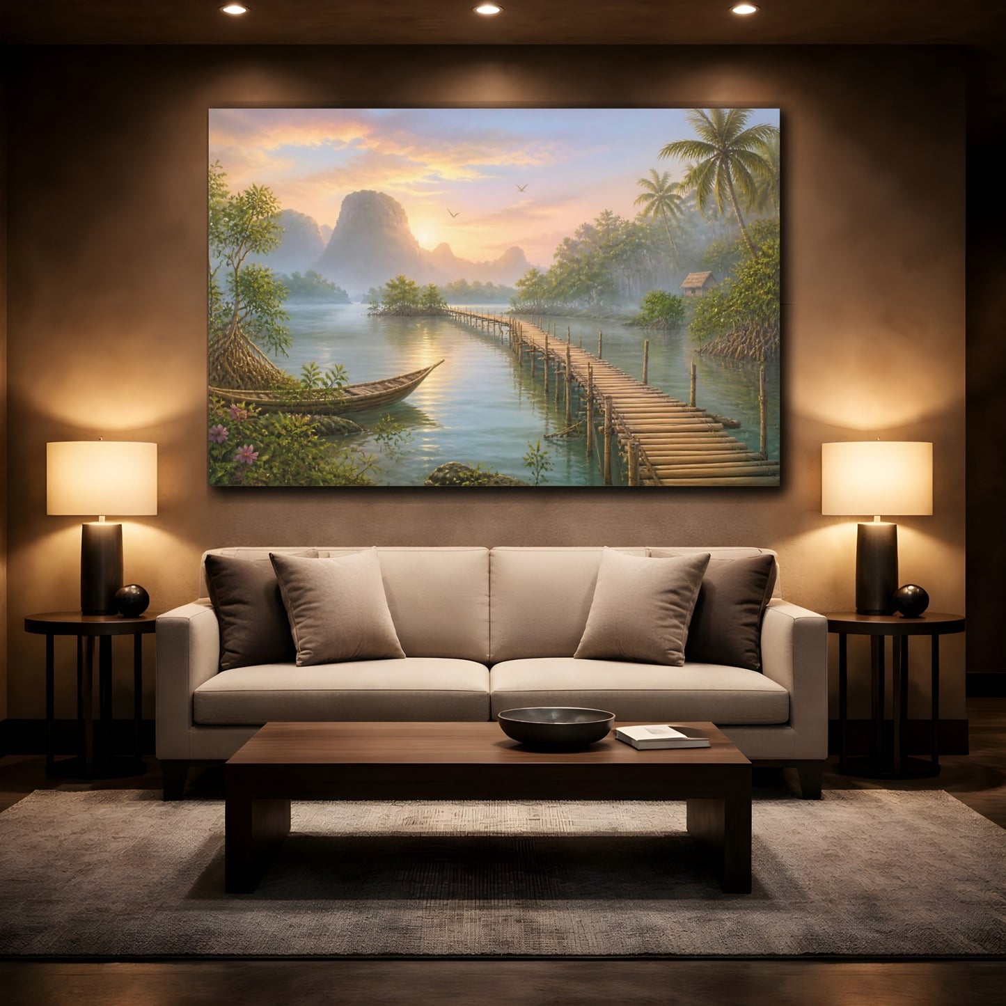 Mockup 2. Nature Tropical Lagoon Tropical Sunset shown as stretched canvas wall art