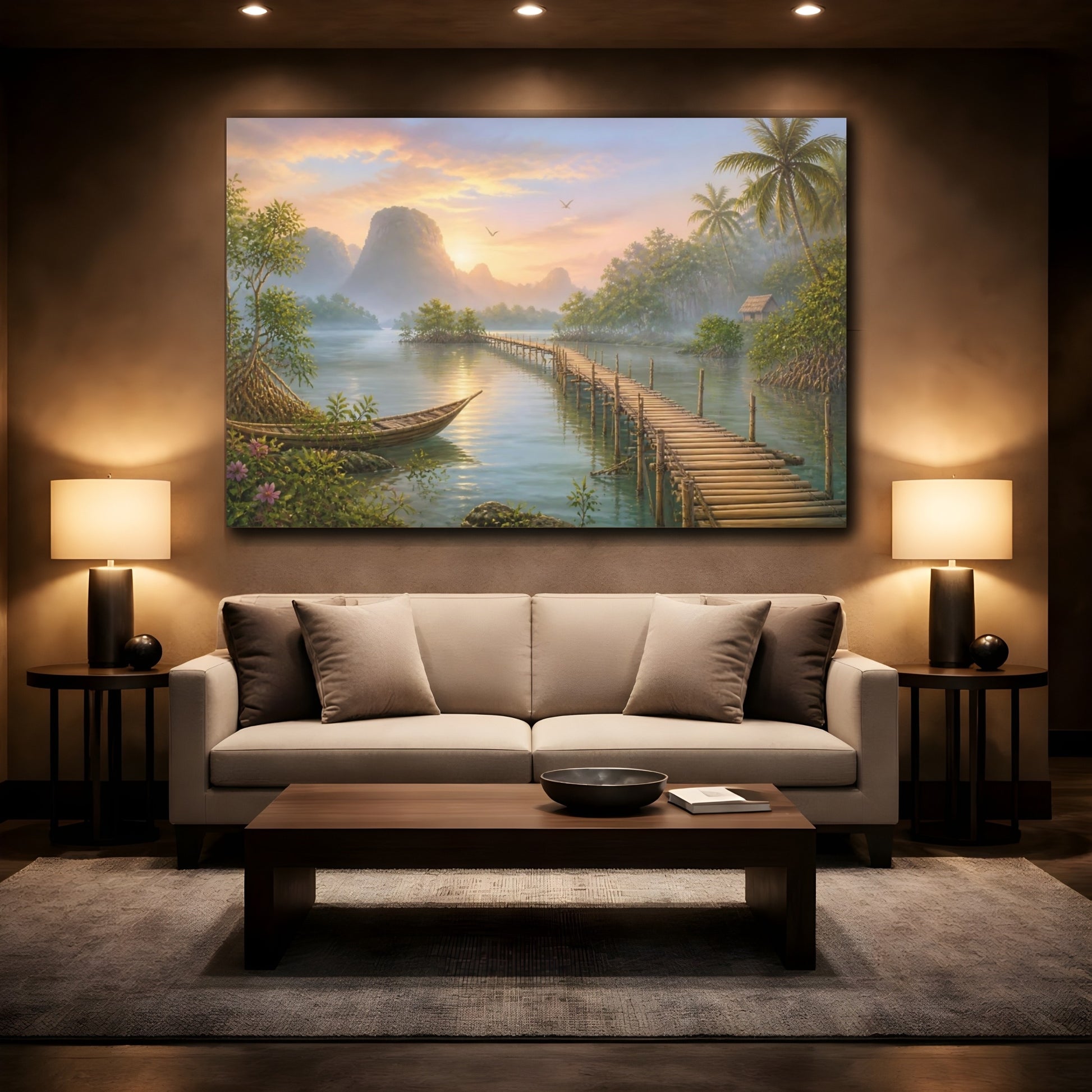 Mockup 2. Nature Tropical Lagoon Tropical Sunset shown as stretched canvas wall art