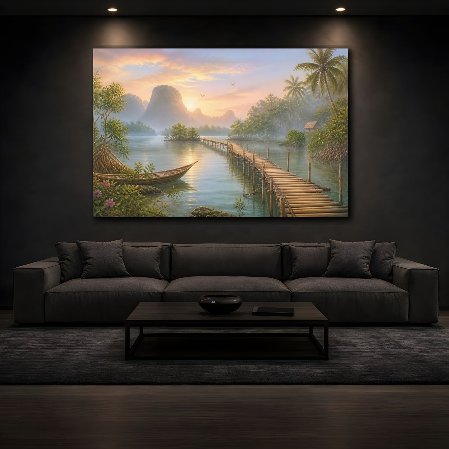 Mockup 3. Nature Tropical Lagoon Tropical Sunset shown as stretched canvas wall art