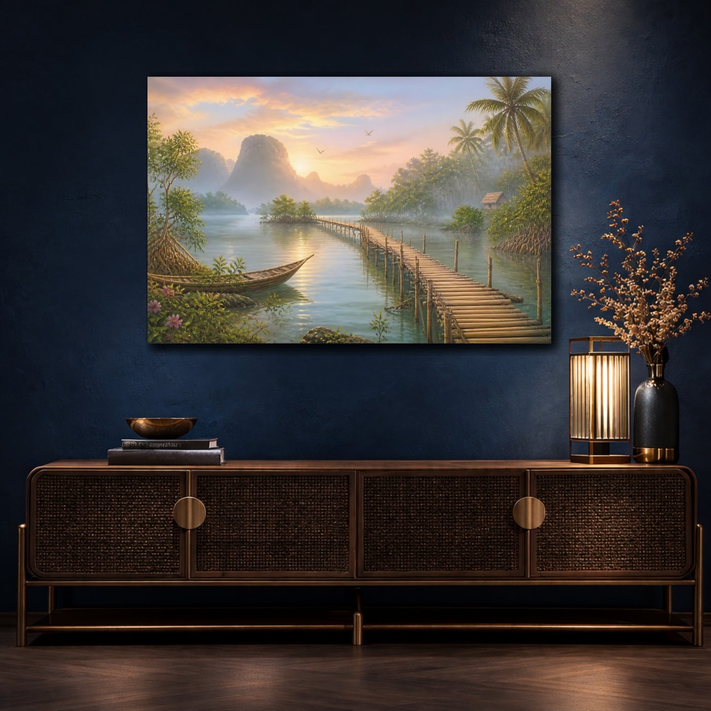 Mockup 4. Nature Tropical Lagoon Tropical Sunset shown as stretched canvas wall art