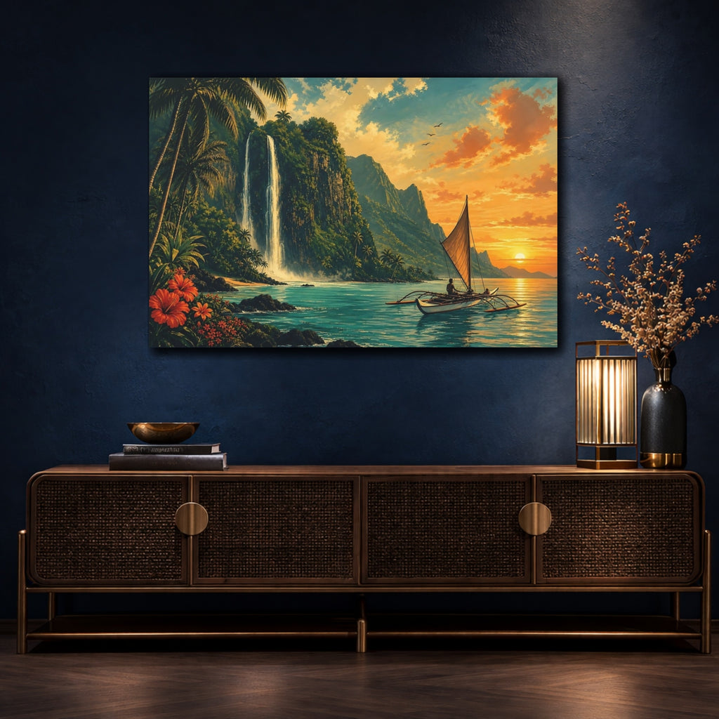 Mockup 4. Nature Tropical Landscape Tropical Sunset Seascape shown as stretched canvas wall art