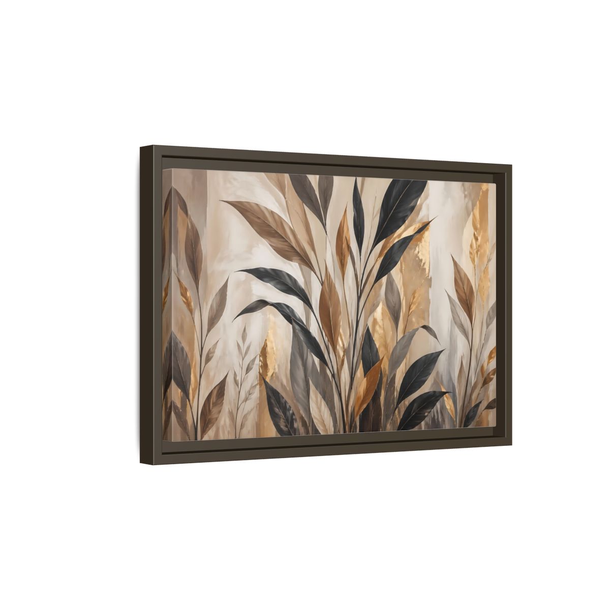 Side Mockup 5. Nature Tropical Leaves Brown Black Gold Leaves shown as stretched canvas wall art