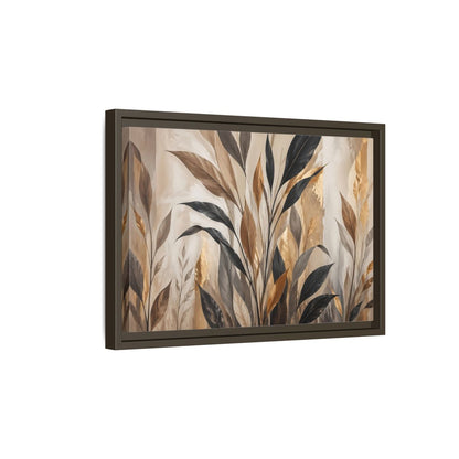 Side Mockup 5. Nature Tropical Leaves Brown Black Gold Leaves shown as stretched canvas wall art