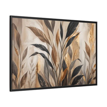 Side Mockup 12. Nature Tropical Leaves Brown Black Gold Leaves shown as stretched canvas wall art