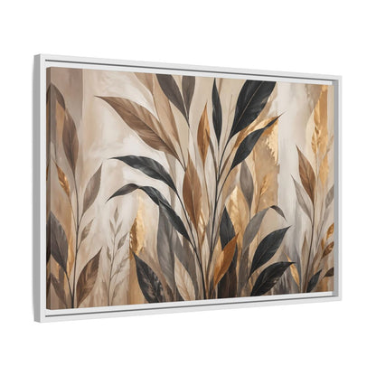 Side Mockup 10. Nature Tropical Leaves Brown Black Gold Leaves shown as stretched canvas wall art