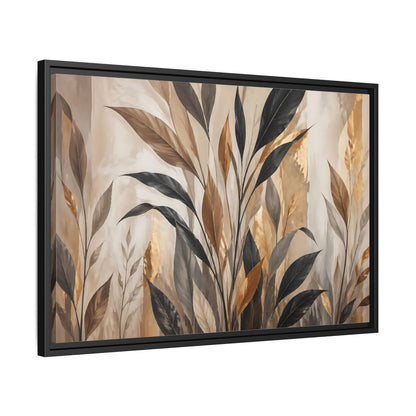 Side Mockup 14. Nature Tropical Leaves Brown Black Gold Leaves shown as stretched canvas wall art