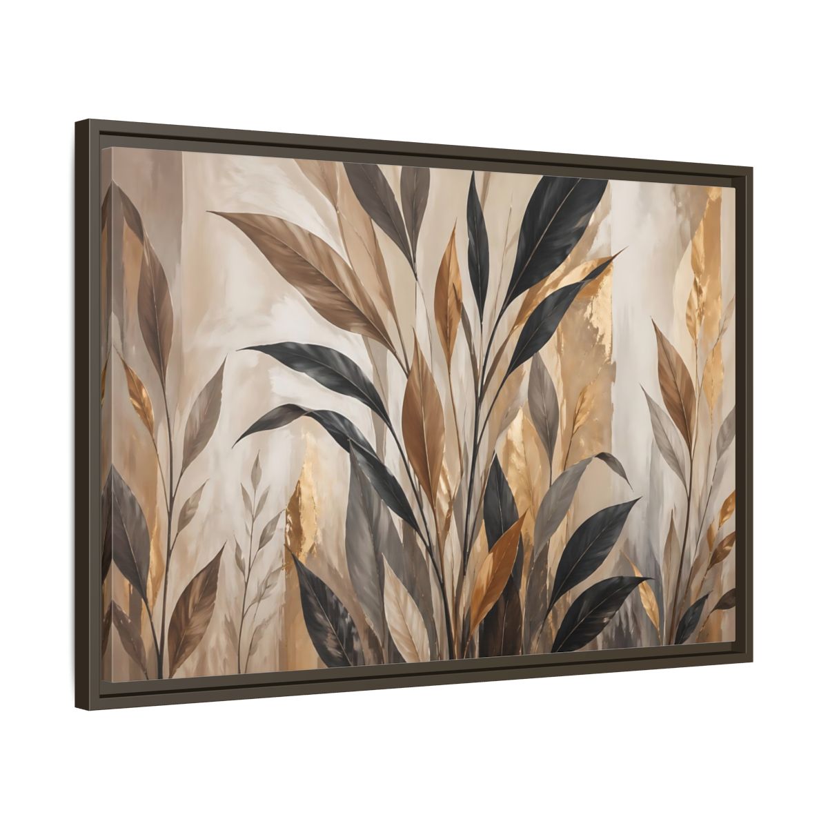 Side Mockup 11. Nature Tropical Leaves Brown Black Gold Leaves shown as stretched canvas wall art