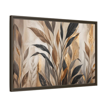 Side Mockup 11. Nature Tropical Leaves Brown Black Gold Leaves shown as stretched canvas wall art