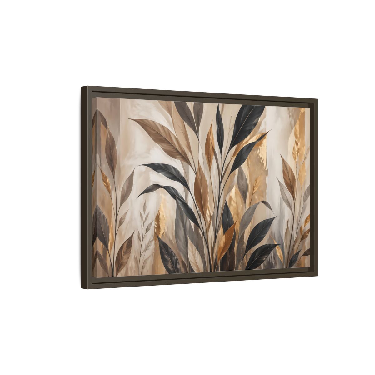 Side Mockup 2. Nature Tropical Leaves Brown Black Gold Leaves shown as stretched canvas wall art