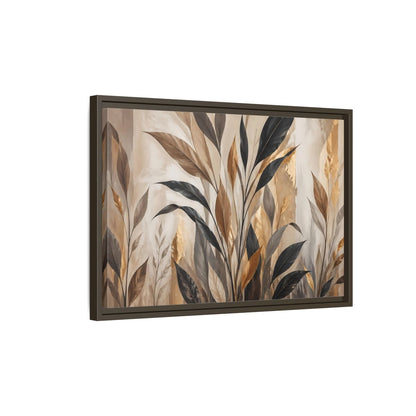 Side Mockup 2. Nature Tropical Leaves Brown Black Gold Leaves shown as stretched canvas wall art