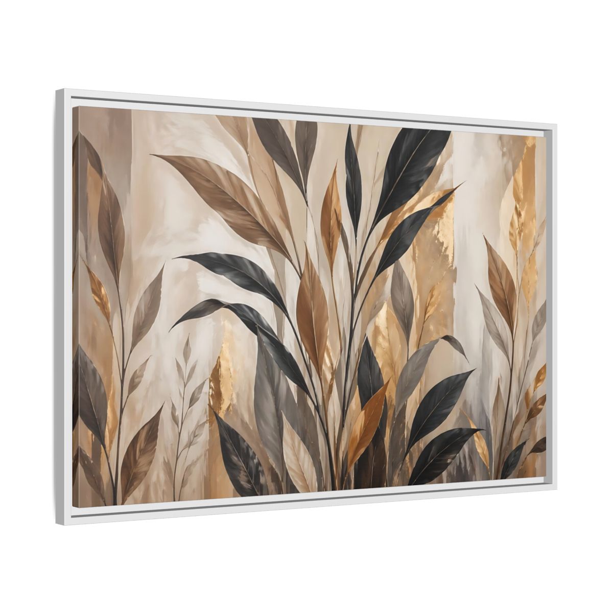 Side Mockup 9. Nature Tropical Leaves Brown Black Gold Leaves shown as stretched canvas wall art