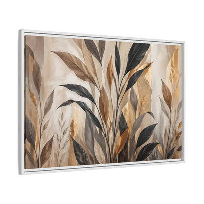 Side Mockup 9. Nature Tropical Leaves Brown Black Gold Leaves shown as stretched canvas wall art