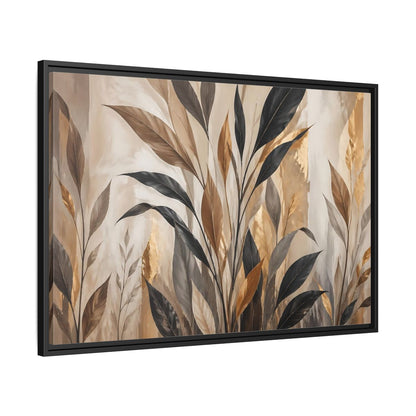 Side Mockup 13. Nature Tropical Leaves Brown Black Gold Leaves shown as stretched canvas wall art