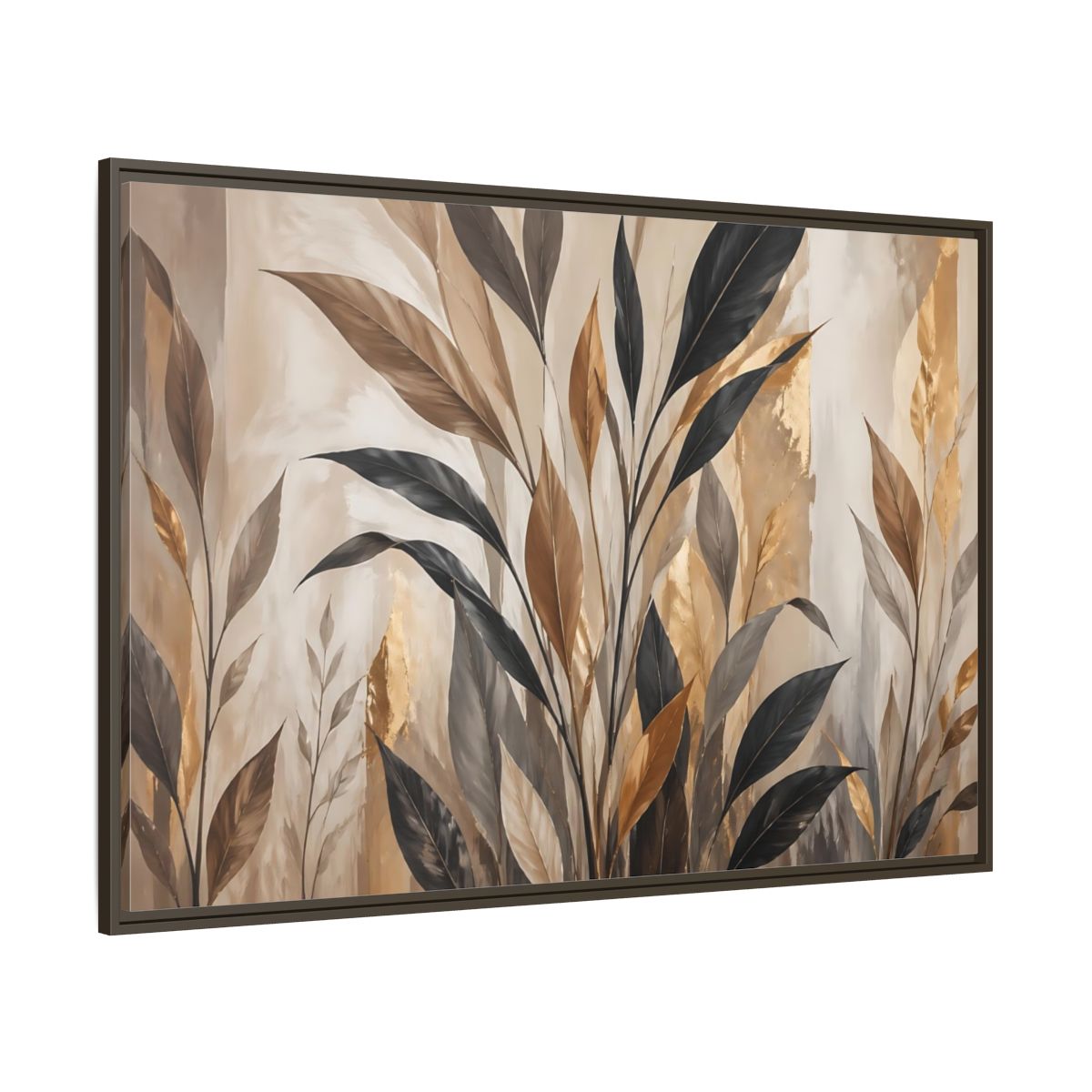 Side Mockup 8. Nature Tropical Leaves Brown Black Gold Leaves shown as stretched canvas wall art