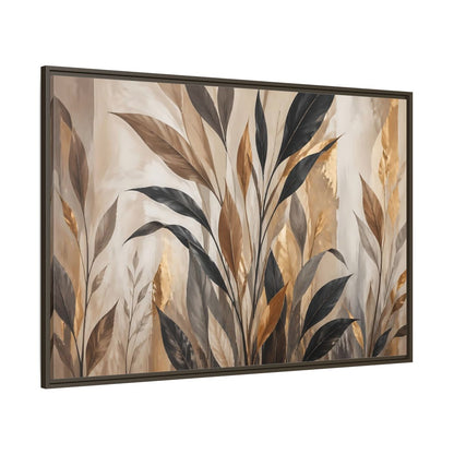 Side Mockup 8. Nature Tropical Leaves Brown Black Gold Leaves shown as stretched canvas wall art