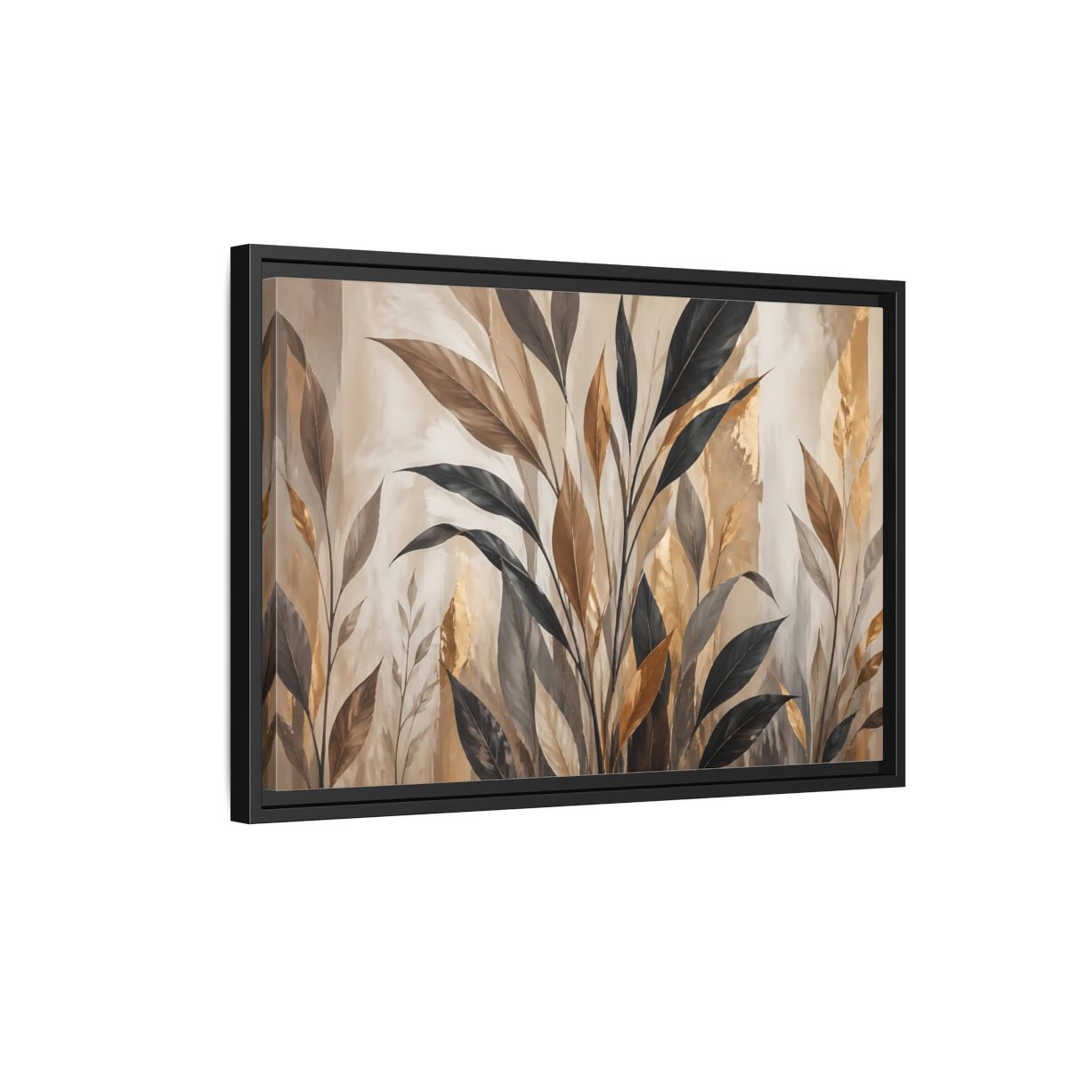 Side Mockup 3. Nature Tropical Leaves Brown Black Gold Leaves shown as stretched canvas wall art