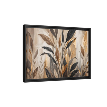 Side Mockup 3. Nature Tropical Leaves Brown Black Gold Leaves shown as stretched canvas wall art