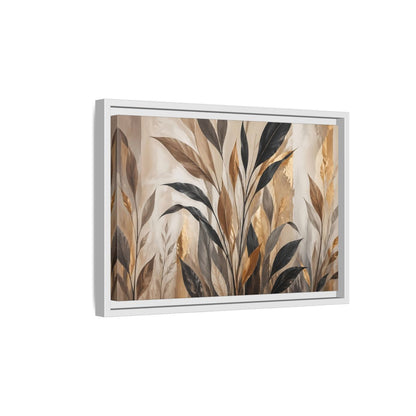 Side Mockup 4. Nature Tropical Leaves Brown Black Gold Leaves shown as stretched canvas wall art