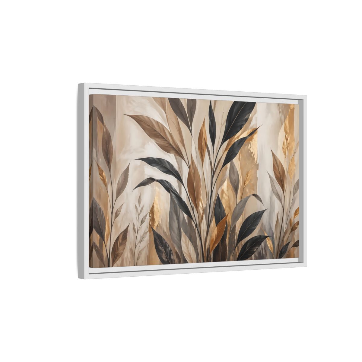 Side Mockup 1. Nature Tropical Leaves Brown Black Gold Leaves shown as stretched canvas wall art