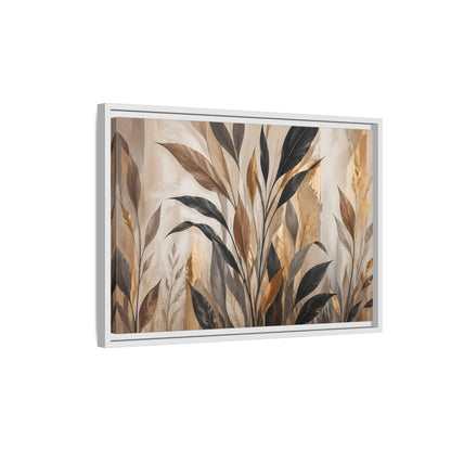 Side Mockup 1. Nature Tropical Leaves Brown Black Gold Leaves shown as stretched canvas wall art