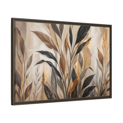 Main Mockup. Nature Tropical Leaves Brown Black Gold Leaves shown as stretched canvas wall art