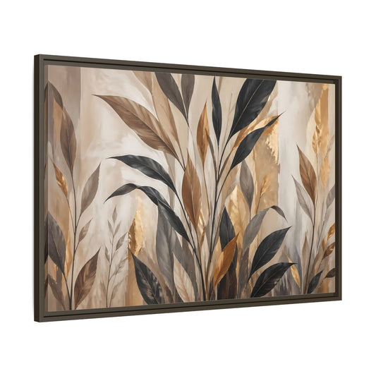 Main Mockup. Nature Tropical Leaves Brown Black Gold Leaves shown as stretched canvas wall art