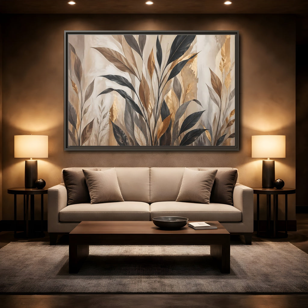 Mockup 2. Nature Tropical Leaves Brown Black Gold Leaves shown as stretched canvas wall art