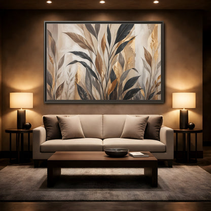 Mockup 2. Nature Tropical Leaves Brown Black Gold Leaves shown as stretched canvas wall art