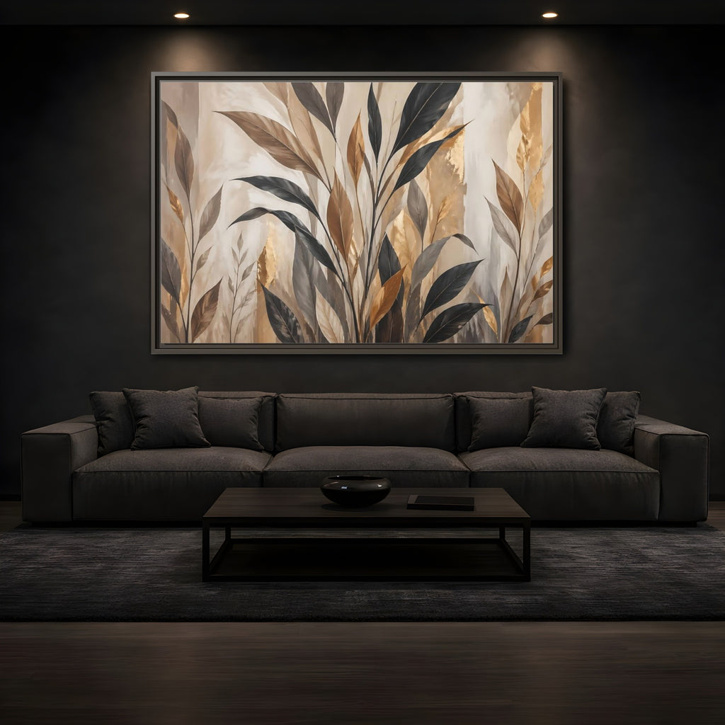 Mockup 3. Nature Tropical Leaves Brown Black Gold Leaves shown as stretched canvas wall art