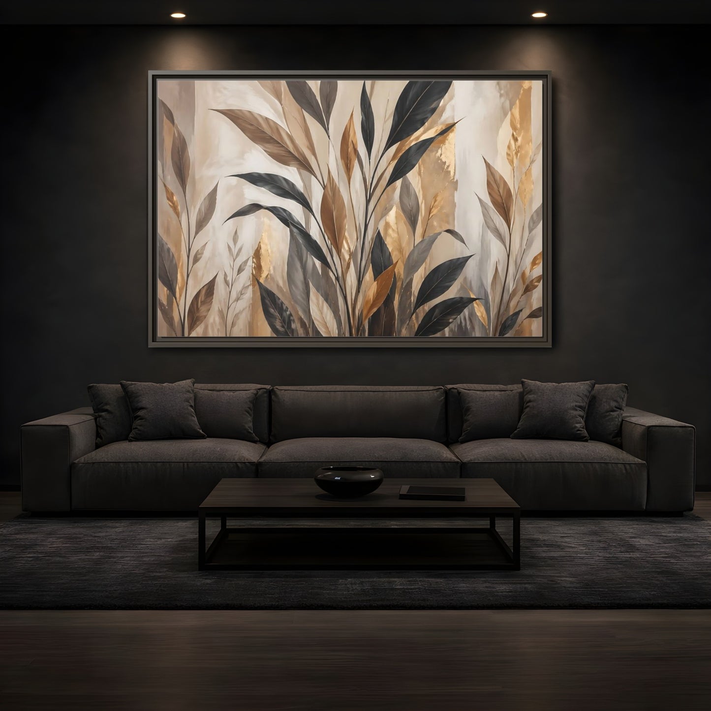 Mockup 3. Nature Tropical Leaves Brown Black Gold Leaves shown as stretched canvas wall art