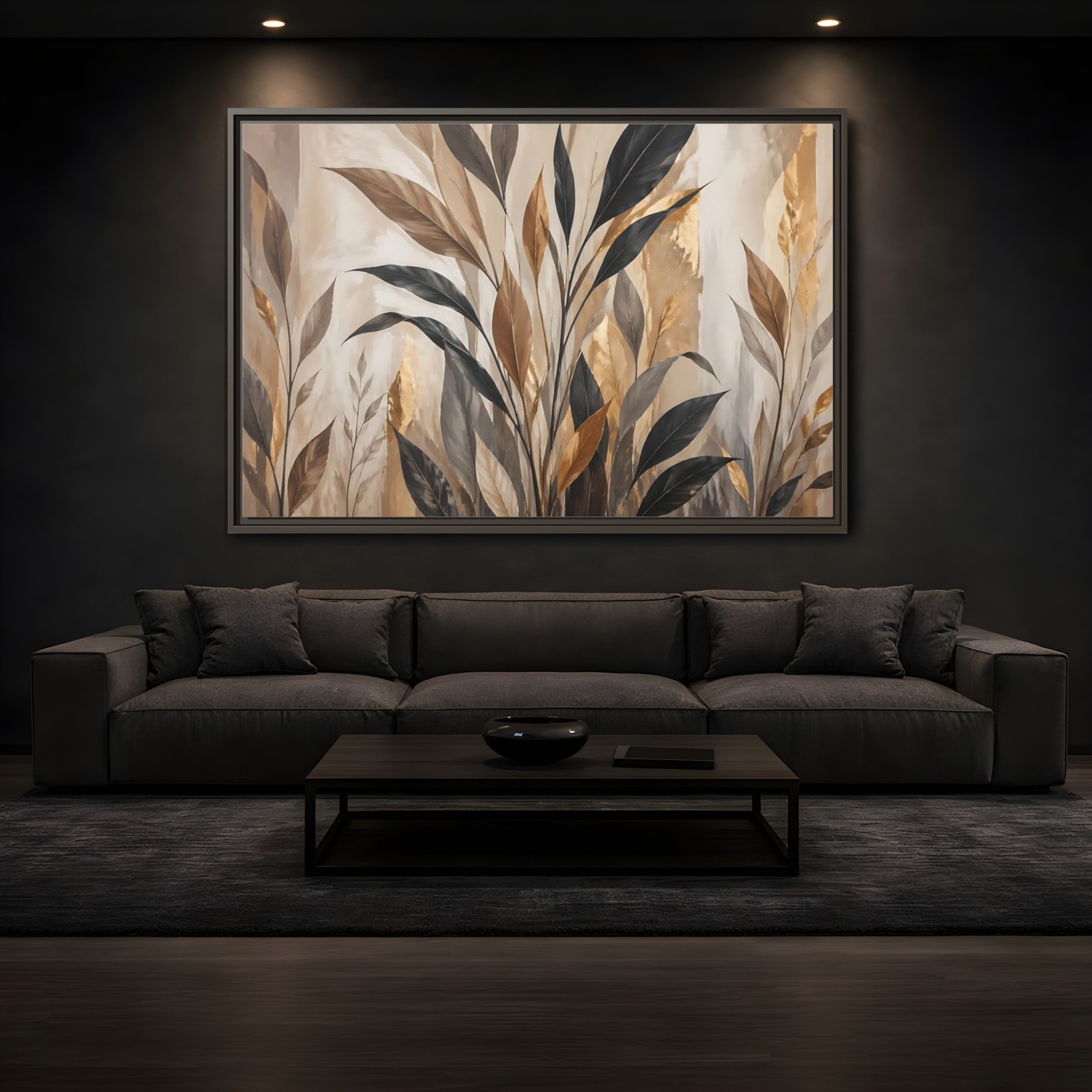 Mockup 3. Nature Tropical Leaves Brown Black Gold Leaves shown as stretched canvas wall art