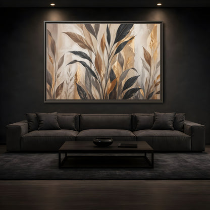 Mockup 3. Nature Tropical Leaves Brown Black Gold Leaves shown as stretched canvas wall art