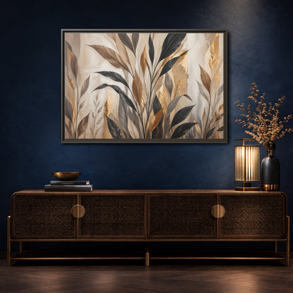 Mockup 4. Nature Tropical Leaves Brown Black Gold Leaves shown as stretched canvas wall art