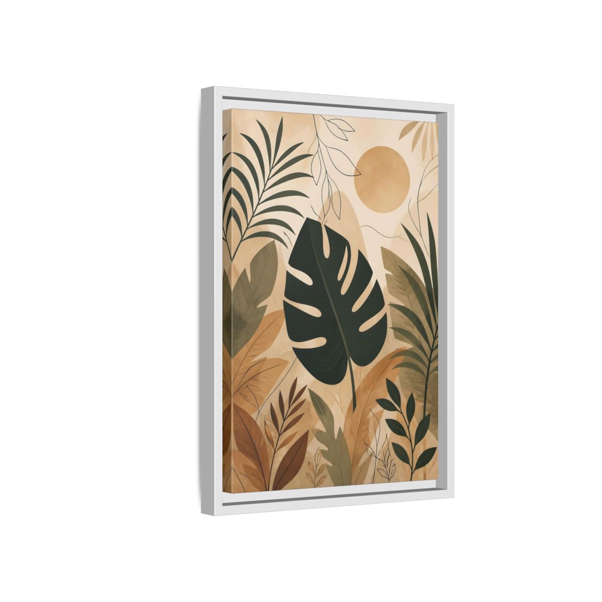 Side Mockup 4. Nature Tropical Leaves Earthy Tropical Leaves shown as stretched canvas wall art