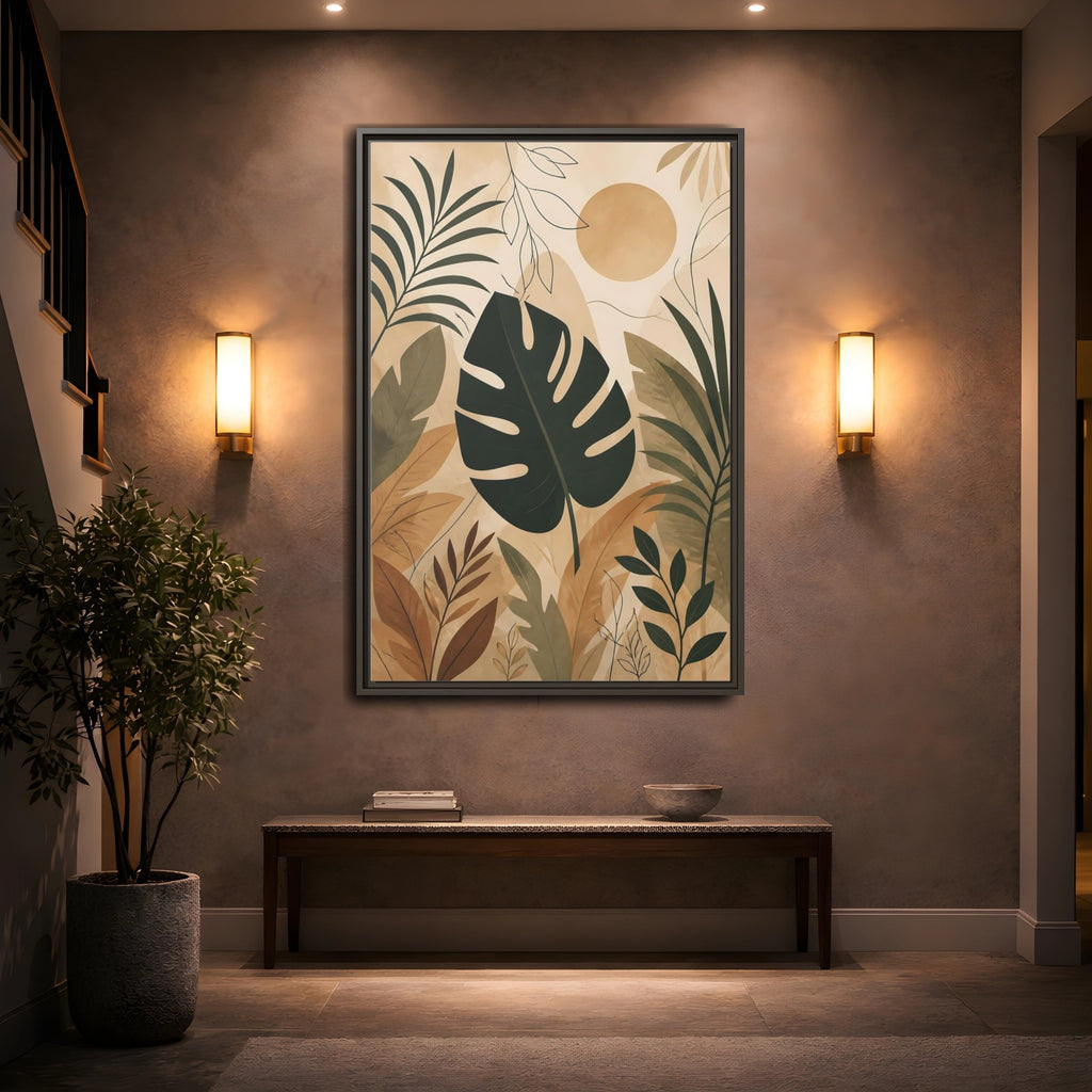 Mockup 2. Nature Tropical Leaves Earthy Tropical Leaves shown as stretched canvas wall art