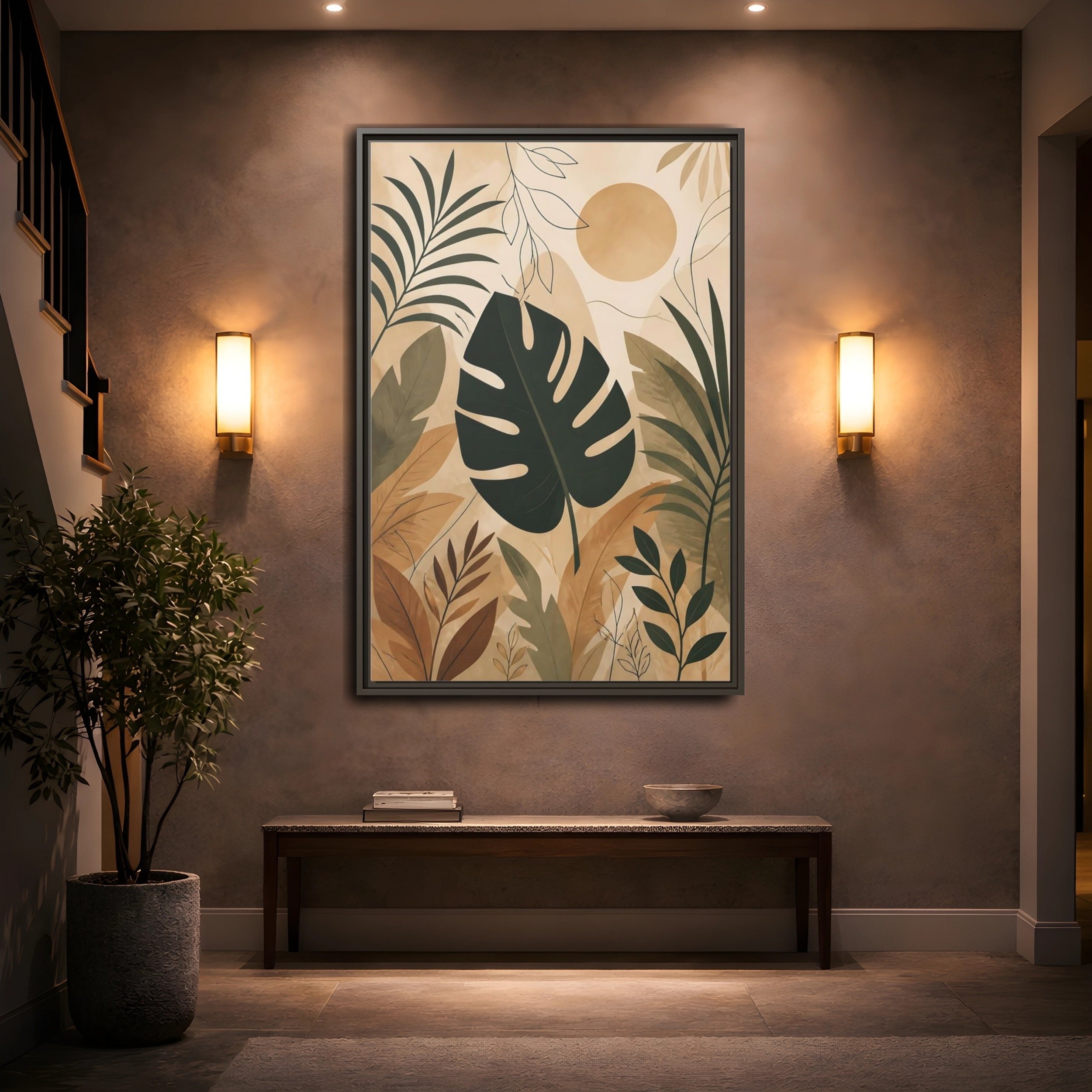 Mockup 2. Nature Tropical Leaves Earthy Tropical Leaves shown as stretched canvas wall art