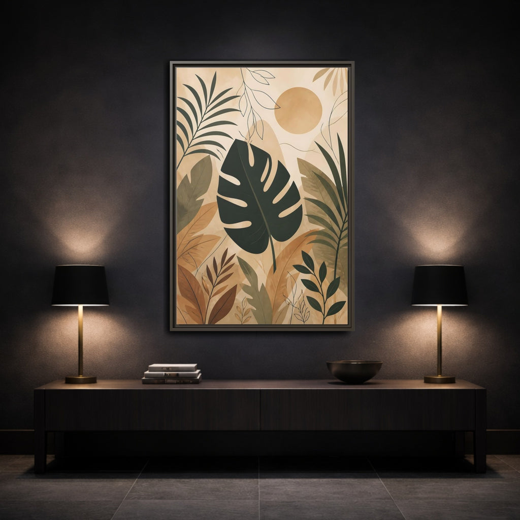 Mockup 3. Nature Tropical Leaves Earthy Tropical Leaves shown as stretched canvas wall art