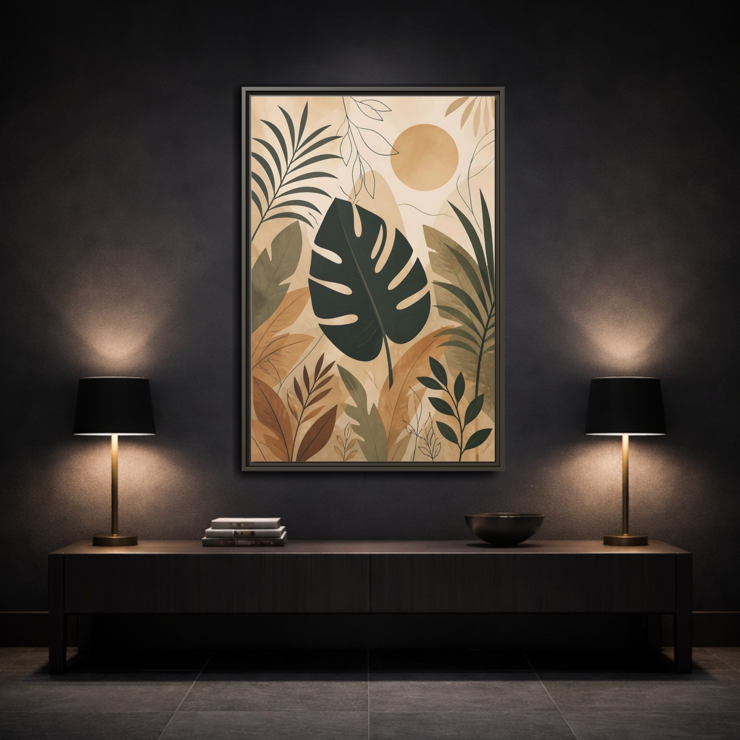 Mockup 3. Nature Tropical Leaves Earthy Tropical Leaves shown as stretched canvas wall art