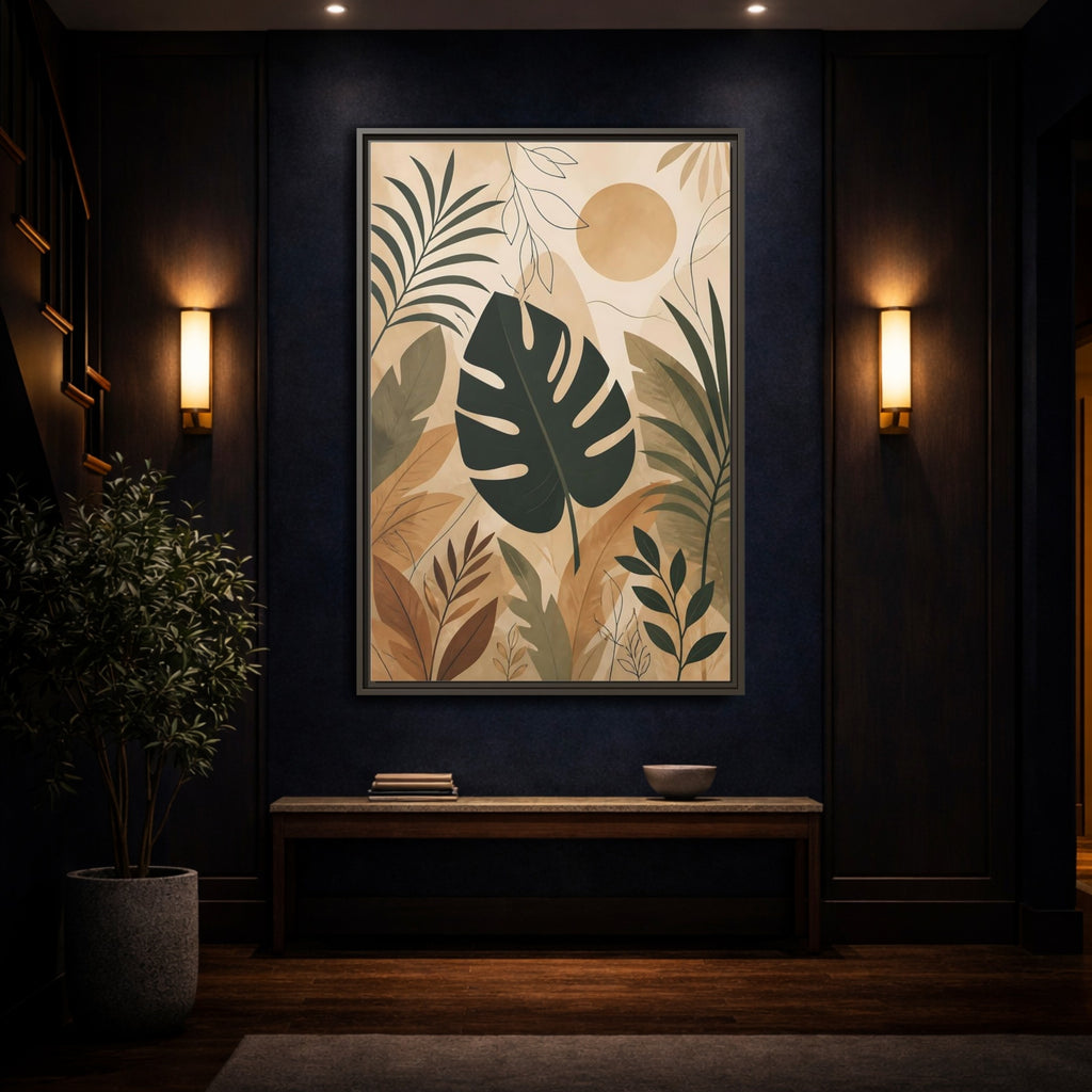 Mockup 4. Nature Tropical Leaves Earthy Tropical Leaves shown as stretched canvas wall art