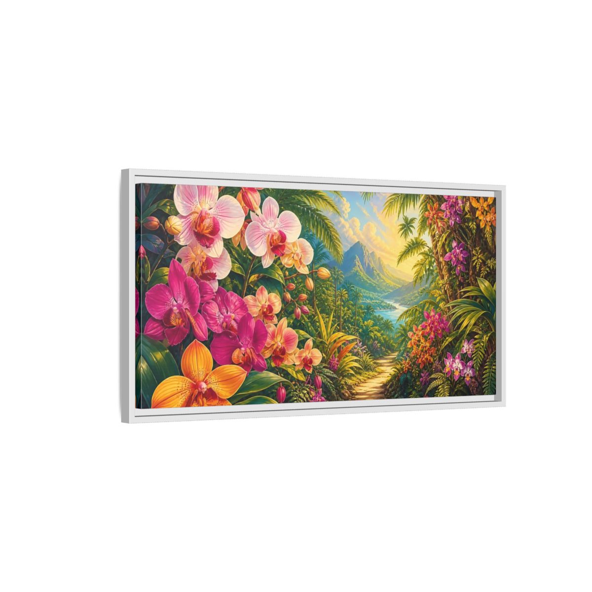 Side Mockup 1. Nature Tropical Orchids Vibrant Tropical shown as stretched canvas wall art